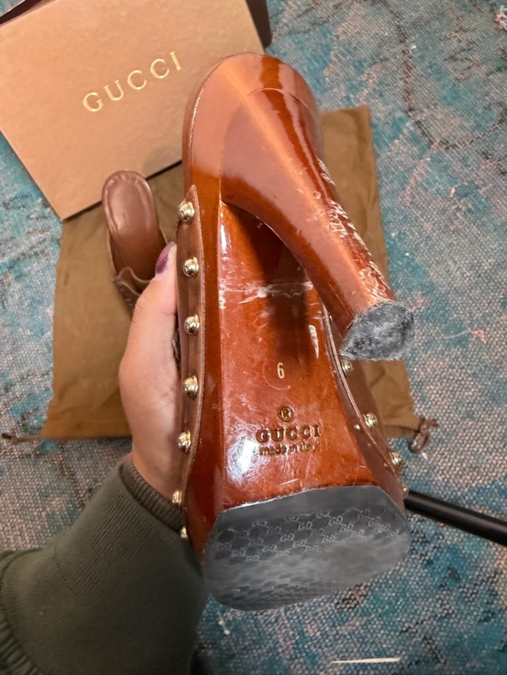 Gucci Brown Leather Tassel Studded Mule Heels - Picture 6 of 6